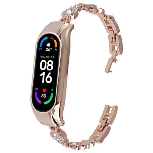 For Xiaomi Mi Band 7 Bling Band Rhinestones Decor Stylish Metal Wristband - Rose Gold