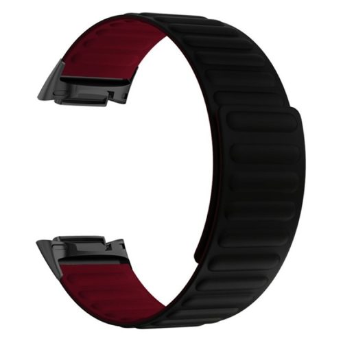 For Fitbit Charge 6 / 5 Magnetic Watch Band Silicone Adjustable Wriststrap - Black+Wine Red