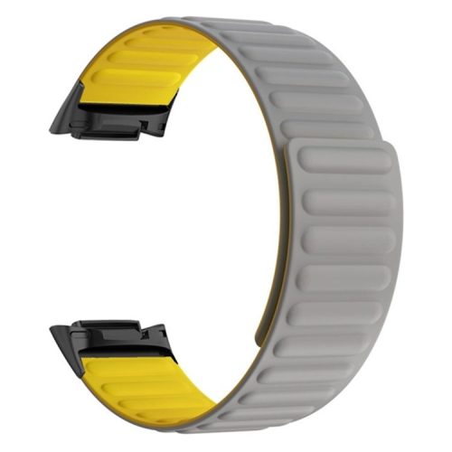 For Fitbit Charge 6 / 5 Magnetic Watch Band Silicone Adjustable Wriststrap - Grey+Yellow