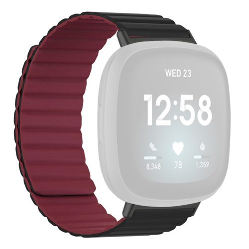 For Fitbit Versa 3 / 4 / Fitbit Sense / Sense 2 Silicone Watch Band Magnetic Strap Replacement - Black+Wine Red