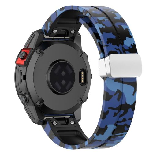 For Garmin Tactix 7 Pro / Fenix 7X / 6X / 6X Pro / 5X Plus Silicone Watch Band 26mm Silver Buckle Wrist Strap - Camo Blue