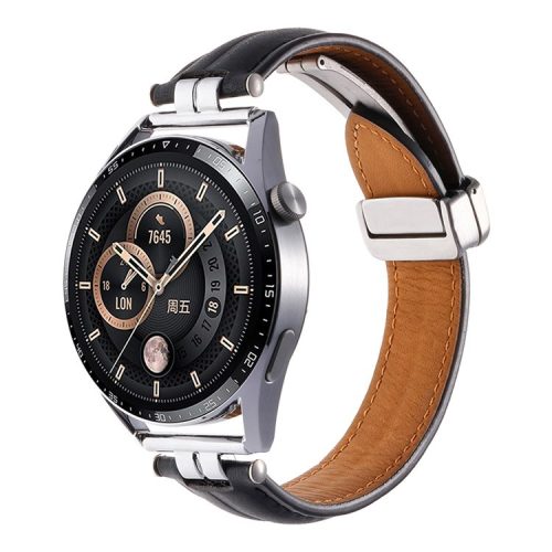 22mm Watch Strap for Samsung Galaxy Watch3 45mm / Garmin Venu 3 Stainless Steel Folding Buckle Leather Band - Black / Silver Buckle