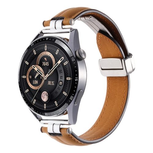 22mm Watch Strap for Samsung Galaxy Watch3 45mm / Garmin Venu 3 Stainless Steel Folding Buckle Leather Band - Yellow / Silver Buckle