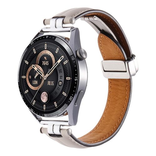 22mm Watch Strap for Samsung Galaxy Watch3 45mm / Garmin Venu 3 Stainless Steel Folding Buckle Leather Band - Beige / Silver Buckle