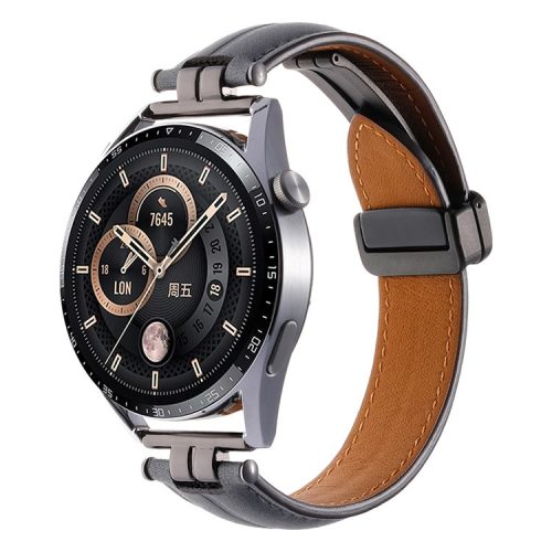 22mm Watch Strap for Samsung Galaxy Watch3 45mm / Garmin Venu 3 Stainless Steel Folding Buckle Leather Band - Grey Blue / Black Buckle