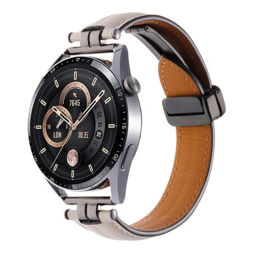 22mm Watch Strap for Samsung Galaxy Watch3 45mm / Garmin Venu 3 Stainless Steel Folding Buckle Leather Band - Beige / Black Buckle