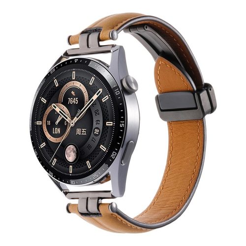 22mm Watch Strap for Samsung Galaxy Watch3 45mm / Garmin Venu 3 Stainless Steel Folding Buckle Leather Band - Yellow / Black Buckle