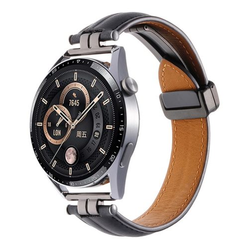 22mm Watch Strap for Samsung Galaxy Watch3 45mm / Garmin Venu 3 Stainless Steel Folding Buckle Leather Band - Black / Black Buckle