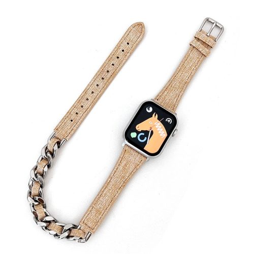 Watch Strap for Apple Watch Series 10 42mm / 9 8 7 41mm / SE (2023) SE (2022) SE 6 5 4 40mm / 3 2 1 38mm Watch Band Denim+Leather+Zinc Alloy Strap - Creamy Yellow