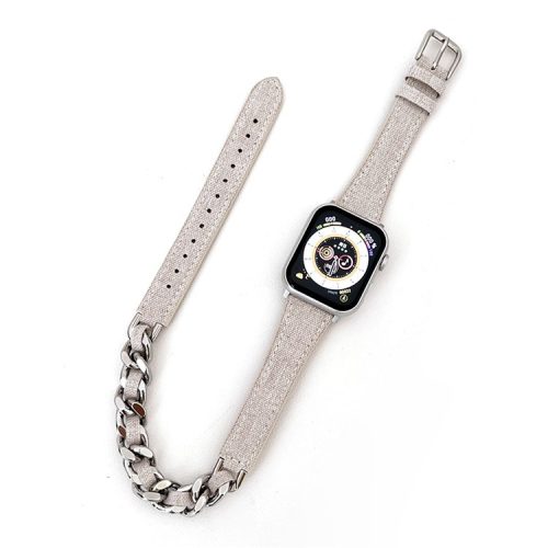 Watch Strap for Apple Watch Series 10 42mm / 9 8 7 41mm / SE (2023) SE (2022) SE 6 5 4 40mm / 3 2 1 38mm Watch Band Denim+Leather+Zinc Alloy Strap - Beige