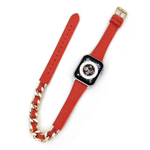 Watch Strap for Apple Watch Series 10 42mm / 9 8 7 41mm / SE (2023) SE (2022) SE 6 5 4 40mm / 3 2 1 38mm Watch Band Denim+Leather+Zinc Alloy Strap - Red