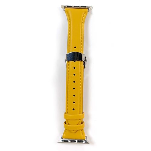 For Apple Watch 10 46mm / Ultra 2 / Ultra 49mm / 9 8 7 45mm / SE (2023) SE (2022) SE 6 5 4 44mm / 3 2 1 42mm Cow Leather Watchband Replacement Strap - Yellow / Silver