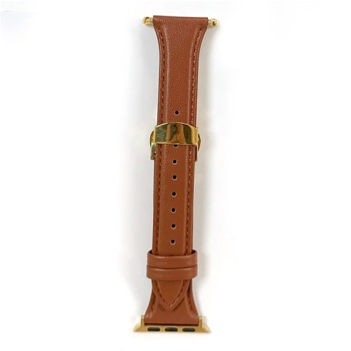 For Apple Watch 10 46mm / Ultra 2 / Ultra 49mm / 9 8 7 45mm / SE (2023) SE (2022) SE 6 5 4 44mm / 3 2 1 42mm Cow Leather Watchband Replacement Strap - Brown / Gold