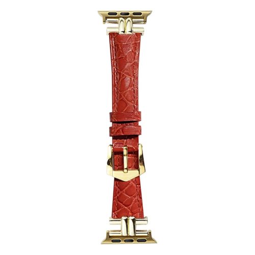 AW For Apple Watch 10 46mm / Ultra 2 / Ultra 49mm / 9 8 7 45mm / SE (2023) SE (2022) SE 6 5 4 44mm / 3 2 1 42mm Band Leather Strap - Red+Gold Buckle