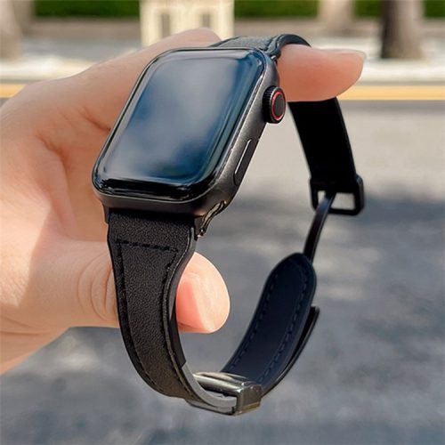 AW For Apple Watch 10 46mm / Ultra 2 / Ultra 49mm / 9 8 7 45mm / SE (2023) SE (2022) SE 6 5 4 44mm / 3 2 1 42mm Leather Bracelet Strap - Black