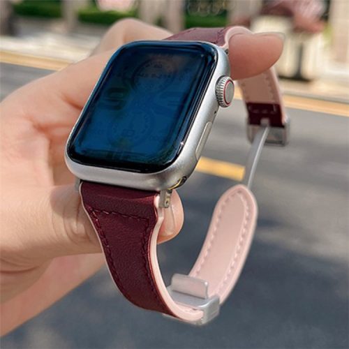 AW For Apple Watch 10 46mm / Ultra 2 / Ultra 49mm / 9 8 7 45mm / SE (2023) SE (2022) SE 6 5 4 44mm / 3 2 1 42mm Leather Bracelet Strap - Wine Red