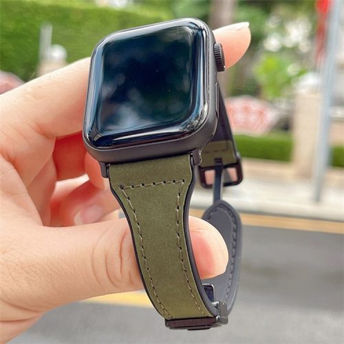 AW For Apple Watch 10 46mm / Ultra 2 / Ultra 49mm / 9 8 7 45mm / SE (2023) SE (2022) SE 6 5 4 44mm / 3 2 1 42mm Leather Bracelet Strap - Army Green