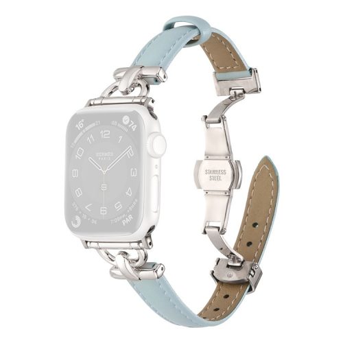 For Apple Watch 10 46mm / Ultra 2 / Ultra 49mm / 9 8 7 45mm / SE (2023) SE (2022) SE 6 5 4 44mm / 3 2 1 42mm Leather Watch Band - Blue / Silver Buckle