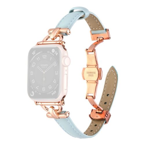 For Apple Watch 10 46mm / Ultra 2 / Ultra 49mm / 9 8 7 45mm / SE (2023) SE (2022) SE 6 5 4 44mm / 3 2 1 42mm Leather Watch Band - Blue / Rose Gold Buckle