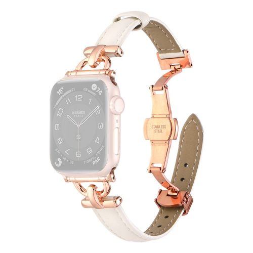 For Apple Watch 10 46mm / Ultra 2 / Ultra 49mm / 9 8 7 45mm / SE (2023) SE (2022) SE 6 5 4 44mm / 3 2 1 42mm Leather Watch Band - White / Rose Gold Buckle