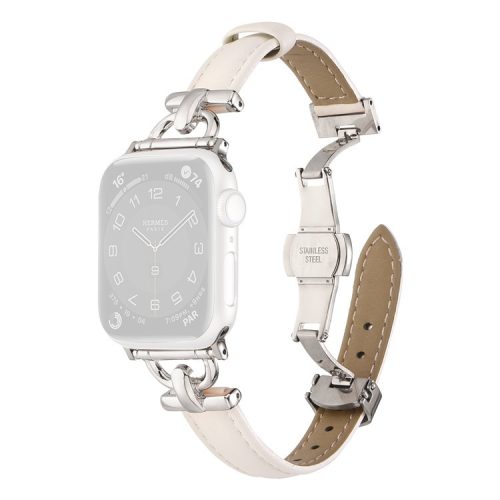 For Apple Watch 10 46mm / Ultra 2 / Ultra 49mm / 9 8 7 45mm / SE (2023) SE (2022) SE 6 5 4 44mm / 3 2 1 42mm Leather Watch Band - White / Silver Buckle