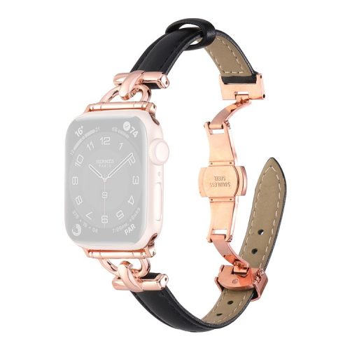 For Apple Watch 10 46mm / Ultra 2 / Ultra 49mm / 9 8 7 45mm / SE (2023) SE (2022) SE 6 5 4 44mm / 3 2 1 42mm Leather Watch Band - Black / Rose Gold Buckle