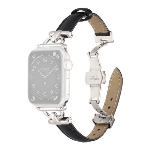 For Apple Watch 10 46mm / Ultra 2 / Ultra 49mm / 9 8 7 45mm / SE (2023) SE (2022) SE 6 5 4 44mm / 3 2 1 42mm Leather Watch Band - Black / Silver Buckle