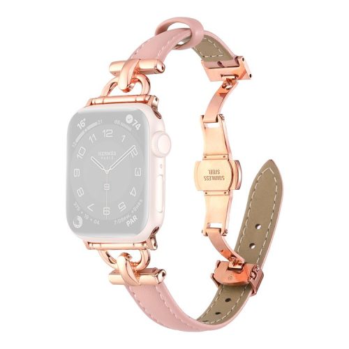 For Apple Watch 10 46mm / Ultra 2 / Ultra 49mm / 9 8 7 45mm / SE (2023) SE (2022) SE 6 5 4 44mm / 3 2 1 42mm Leather Watch Band - Light Pink / Rose Gold Buckle