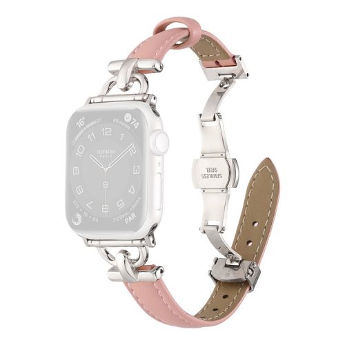 For Apple Watch 10 46mm / Ultra 2 / Ultra 49mm / 9 8 7 45mm / SE (2023) SE (2022) SE 6 5 4 44mm / 3 2 1 42mm Leather Watch Band - Light Pink / Silver Buckle