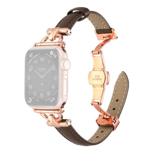 For Apple Watch 10 46mm / Ultra 2 / Ultra 49mm / 9 8 7 45mm / SE (2023) SE (2022) SE 6 5 4 44mm / 3 2 1 42mm Leather Watch Band - Dark Tan / Rose Gold Buckle