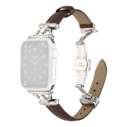 For Apple Watch 10 46mm / Ultra 2 / Ultra 49mm / 9 8 7 45mm / SE (2023) SE (2022) SE 6 5 4 44mm / 3 2 1 42mm Leather Watch Band - Dark Tan / Silver Buckle