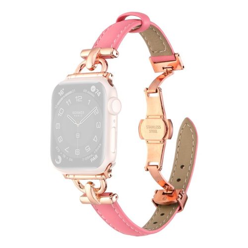 For Apple Watch 10 46mm / Ultra 2 / Ultra 49mm / 9 8 7 45mm / SE (2023) SE (2022) SE 6 5 4 44mm / 3 2 1 42mm Leather Watch Band - Peach / Rose Gold Buckle