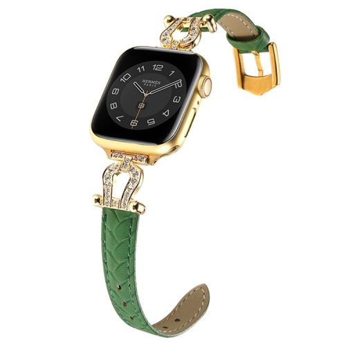 For Apple Watch 10 46mm / Ultra 2 / Ultra 49mm / 9 8 7 45mm / SE (2023) SE (2022) SE 6 5 4 44mm / 3 2 1 42mm Cowhide Leather Band - Green / Gold Buckle