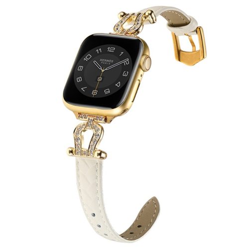 For Apple Watch 10 46mm / Ultra 2 / Ultra 49mm / 9 8 7 45mm / SE (2023) SE (2022) SE 6 5 4 44mm / 3 2 1 42mm Cowhide Leather Band - Beige / Gold Buckle