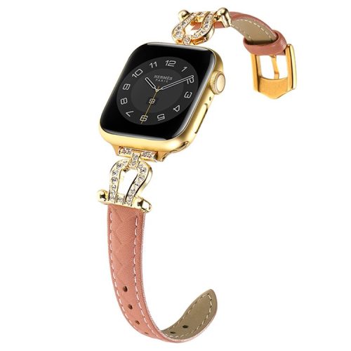 For Apple Watch 10 46mm / Ultra 2 / Ultra 49mm / 9 8 7 45mm / SE (2023) SE (2022) SE 6 5 4 44mm / 3 2 1 42mm Cowhide Leather Band - Bean Pink / Gold Buckle