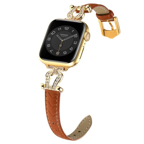 For Apple Watch 10 46mm / Ultra 2 / Ultra 49mm / 9 8 7 45mm / SE (2023) SE (2022) SE 6 5 4 44mm / 3 2 1 42mm Cowhide Leather Band - Light Brown / Gold Buckle