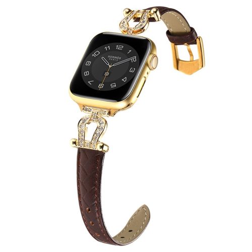 For Apple Watch 10 46mm / Ultra 2 / Ultra 49mm / 9 8 7 45mm / SE (2023) SE (2022) SE 6 5 4 44mm / 3 2 1 42mm Cowhide Leather Band - Dark Coffee / Gold Buckle