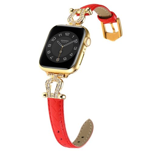 For Apple Watch 10 46mm / Ultra 2 / Ultra 49mm / 9 8 7 45mm / SE (2023) SE (2022) SE 6 5 4 44mm / 3 2 1 42mm Cowhide Leather Band - Red / Gold Buckle