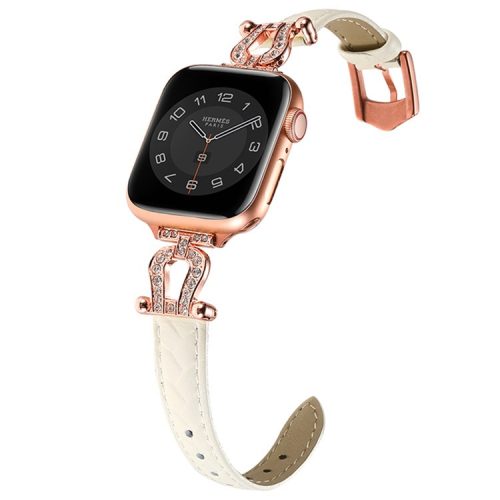 For Apple Watch 10 46mm / Ultra 2 / Ultra 49mm / 9 8 7 45mm / SE (2023) SE (2022) SE 6 5 4 44mm / 3 2 1 42mm Cowhide Leather Band - Beige / Rose Gold Buckle