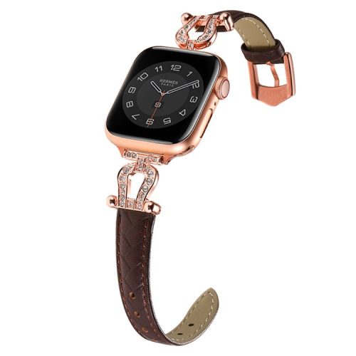 For Apple Watch 10 46mm / Ultra 2 / Ultra 49mm / 9 8 7 45mm / SE (2023) SE (2022) SE 6 5 4 44mm / 3 2 1 42mm Cowhide Leather Band - Dark Coffee / Rose Gold Buckle