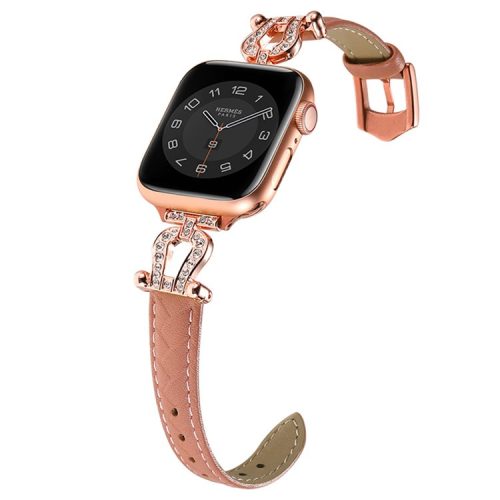 For Apple Watch 10 46mm / Ultra 2 / Ultra 49mm / 9 8 7 45mm / SE (2023) SE (2022) SE 6 5 4 44mm / 3 2 1 42mm Cowhide Leather Band - Bean Pink / Rose Gold Buckle