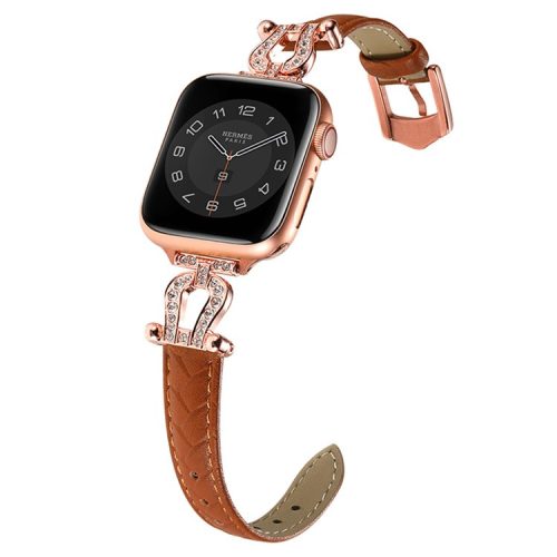 For Apple Watch 10 46mm / Ultra 2 / Ultra 49mm / 9 8 7 45mm / SE (2023) SE (2022) SE 6 5 4 44mm / 3 2 1 42mm Cowhide Leather Band - Light Brown / Rose Gold Buckle