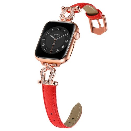 For Apple Watch 10 46mm / Ultra 2 / Ultra 49mm / 9 8 7 45mm / SE (2023) SE (2022) SE 6 5 4 44mm / 3 2 1 42mm Cowhide Leather Band - Red / Rose Gold Buckle