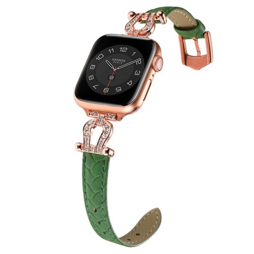 For Apple Watch 10 46mm / Ultra 2 / Ultra 49mm / 9 8 7 45mm / SE (2023) SE (2022) SE 6 5 4 44mm / 3 2 1 42mm Cowhide Leather Band - Green / Rose Gold Buckle