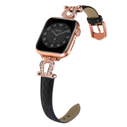 For Apple Watch 10 46mm / Ultra 2 / Ultra 49mm / 9 8 7 45mm / SE (2023) SE (2022) SE 6 5 4 44mm / 3 2 1 42mm Cowhide Leather Band - Black / Rose Gold Buckle