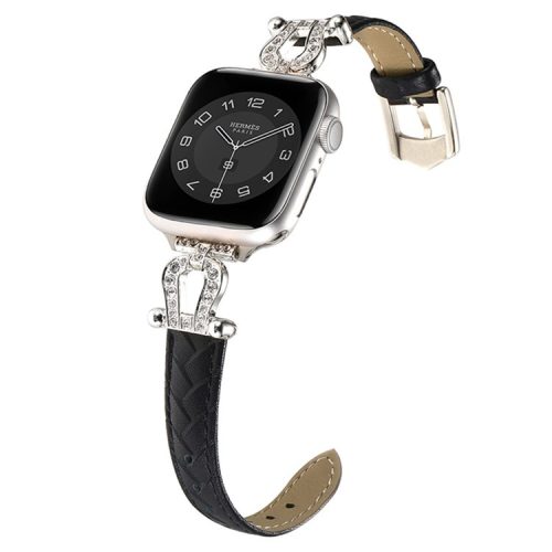 For Apple Watch 10 46mm / Ultra 2 / Ultra 49mm / 9 8 7 45mm / SE (2023) SE (2022) SE 6 5 4 44mm / 3 2 1 42mm Cowhide Leather Band - Black / Silver Buckle