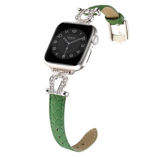 For Apple Watch 10 46mm / Ultra 2 / Ultra 49mm / 9 8 7 45mm / SE (2023) SE (2022) SE 6 5 4 44mm / 3 2 1 42mm Cowhide Leather Band - Green / Silver Buckle