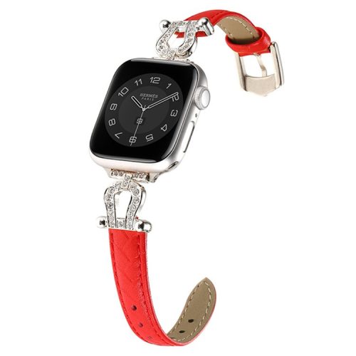 For Apple Watch 10 46mm / Ultra 2 / Ultra 49mm / 9 8 7 45mm / SE (2023) SE (2022) SE 6 5 4 44mm / 3 2 1 42mm Cowhide Leather Band - Red / Silver Buckle