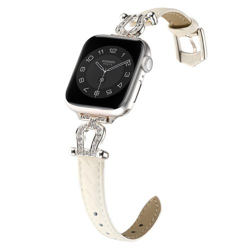 For Apple Watch 10 46mm / Ultra 2 / Ultra 49mm / 9 8 7 45mm / SE (2023) SE (2022) SE 6 5 4 44mm / 3 2 1 42mm Cowhide Leather Band - Beige / Silver Buckle