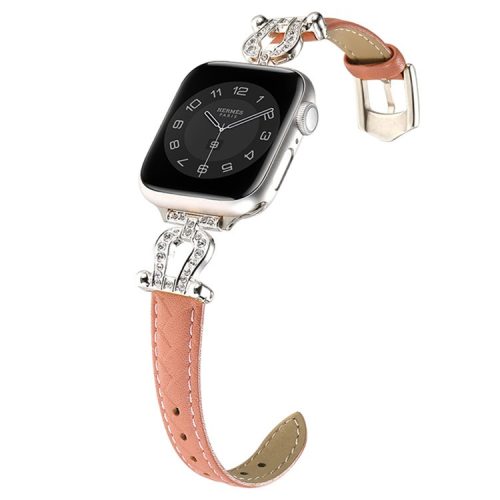 For Apple Watch 10 46mm / Ultra 2 / Ultra 49mm / 9 8 7 45mm / SE (2023) SE (2022) SE 6 5 4 44mm / 3 2 1 42mm Cowhide Leather Band - Bean Pink / Silver Buckle